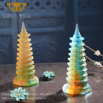 High Quality Casting Colored Glass Feng shui Liuli Craft Wenchang Tower