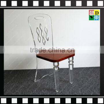 Factory direct Transparent/clear Acrylic/plexiglass/PMMA dining chairs of carved back with wooden seat