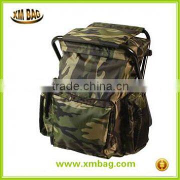 Hot selling camouflage fishing backpack with folding chair, camo pattern fishing tackle bag