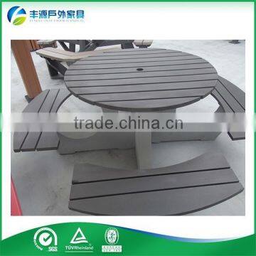 Outdoor picnic table, plastic wood and galvanized steel base, wood and stone dining table