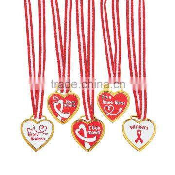 Wholesale Cheap Promotional Sport Souvenirs Plastic Gold Healthy Heart Shape Award Medals with Ribbon and Custom Message Sticker