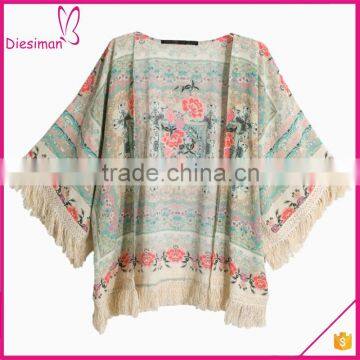 Three Quarter Length Sleeve Vintage Floral Tassel Fringe Kimono Cardigan Women