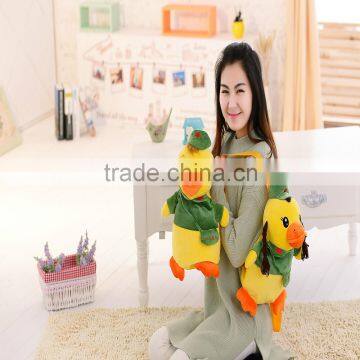 30cm lovely customized yellow stuffed plush duck doll animal backpack with green garment&hat