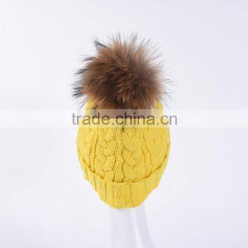 Bright Yellow Knitting Beanie Hats With Big Fur Pompoms for Winter Warm KZ160075 photo-3