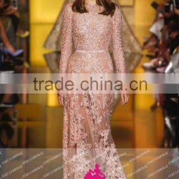 E22 Elegant Custom Made High Neck Long Sleeve Evening dresses Pink Long Evening Gowns Tulle Heavy Beaded Vestido De Fiest