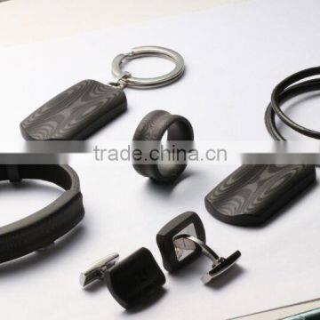 CARBON FIBER Jewelry set with leather bracelet pendant cufflinks and rings