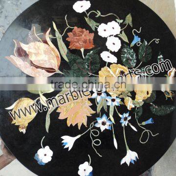 Black Round Marble Pietre Dure Coffee Table Top