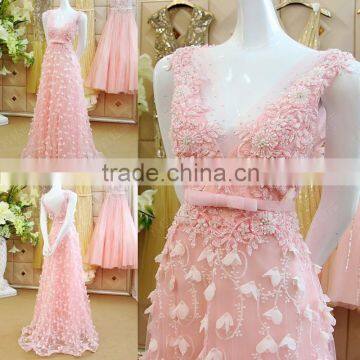 Romantic Sexy V Neck Applique Beaded Flower Evening Dresses With Bow Sash Pink Formal Evening Gowns Dresses High Quality ML173