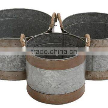 Large Round galvanized planter,Traditional Rustic Set of 3 Metal Galvanized Planter Home and garden with Jute ropeDecor