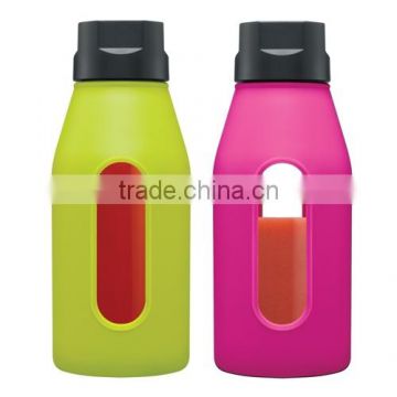 See- through window glass water bottle with silicon gel protective sleeve