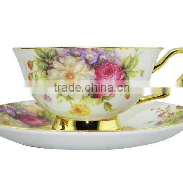 High Quality 200ml Bone China European Style Flower Pattern Coffee Mug with Saucer Set for Valentines Gift