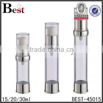  china personal care cosmetic lotion serum 15ml 20ml 30ml clear airless plastic bottle with silver UV pump dispenser