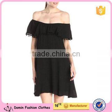 Frill Layer Neckline with Pom Trim Women's Off Shoulder Dress