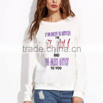 White Slogan Print Raglan Sleeve Sweatshirt Round Neck 100 French Terry Printed Sweatshirt Custom Logo Whosale photo-2
