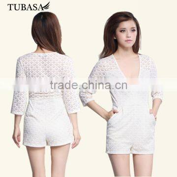 2017 Sexy Half Sleeve v Neck Lace White Jumpsuit for Women
