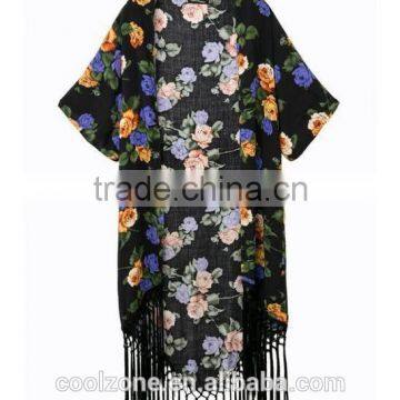 Latest Floral Print Cover up Summer Beach Kimono With Gorgeous Fringe photo-2