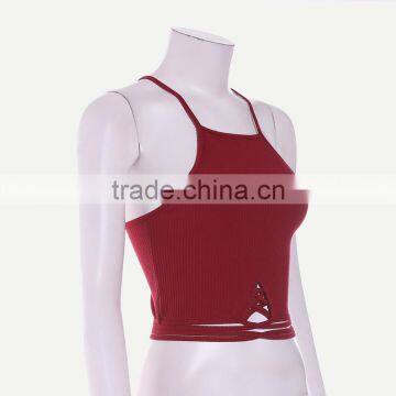 Polyester Lace Up Tank Top Hollow Stretchable Solid Wine Red Size:Free Size Sold By PC photo-3