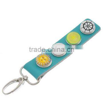 Green Real Leather Glass Snap Button Key Chain W/Lobster Clasp