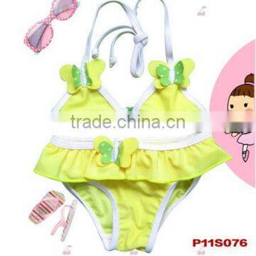 < OEM Service> Hot & Comfortable Yellow Baby Girls Brazilian Swimwear with Light Green Bowknot