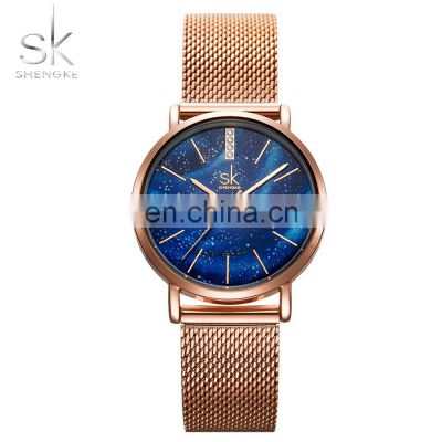 SHENGKE Elegant Lady Wristwatch Starry Sky Dial Stainless Steel Milanese Mesh Band Quartz Movement K0103L