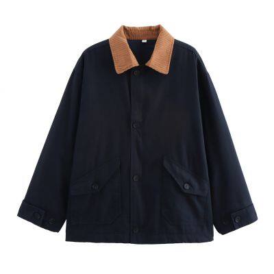 New Style Women's Retro Loose Casual Long-sleeved Color-matched Patchwork Button-down Blazer With Collar photo-3