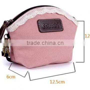 2016 popular pink cosmetic bag with rubber logo and lace sewing for ladies