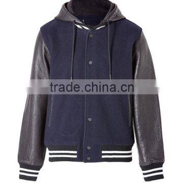 with hood custom polyester cotton varsity jacket with leather sleeves wholesale