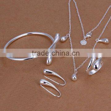 Hot Sale Wedding Fashion 925 Silver Plated Jewelry Set Big Hand Chain Bracelet Necklace Ring Stud Earings Eardrop Water Drops