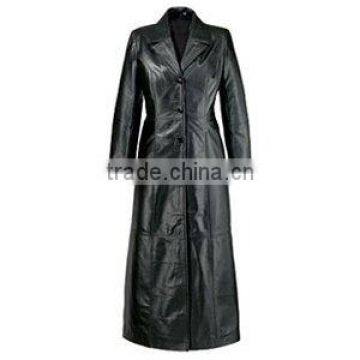 High Qulaity Women's Black Leather Long Coat