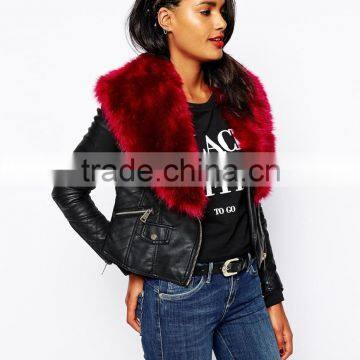 women's fashion jacket ,winter PU jacket with faux fur collar