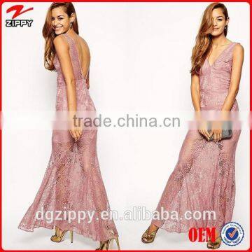 Fashion Plunging Neckline Maxi Dress Lace Sexy Night Dress for Women