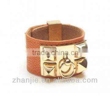 Punk style gold plated Pyramid studs leather wide cuff bracelet for women