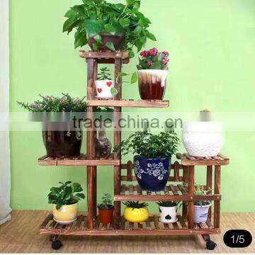 China Factory Wholesale Antique Wooden Plant Stand With Wheels photo-2