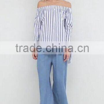 2017 Fashion Stripe And Tie Sleeve Off The Shoulder Top photo-5