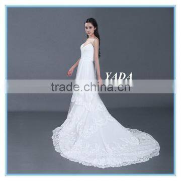 Spaghetti Strap Lace Sexy Low Back 5 Layers Ruffles Wedding Dress With Bridal Mantilla Veil photo-2