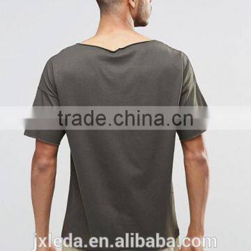 Men Cheap Plain Boat Neck Longline Army Green T-shirt Wholesale photo-2
