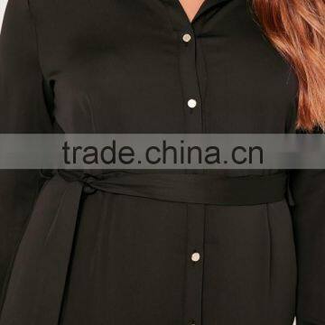 Plus Size Satin Button Through Belted Shirt Dress Rayon Black Long Sleeve Shirt Dress