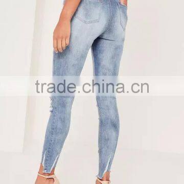 Fashion Women Blue High Waisted Brushed Ripped Skinny Denim Jeans With Hole photo-3