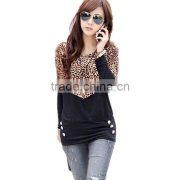 Spring free size new design korean style fashion cotton leopard stitching long sleeve apparel t shirt