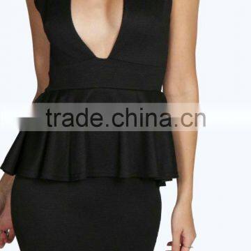 Yihao OEM Factory 2016 Women New Summer Latest Designs V Neck Midi Peplum Dress Fashion for Ladies photo-6