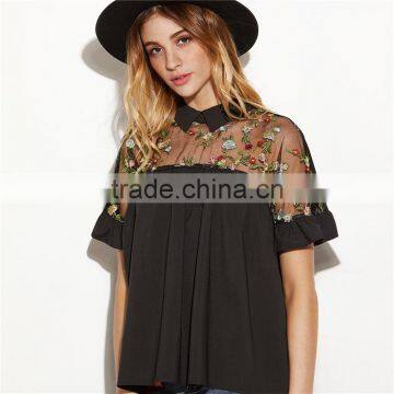 Hot Sell Embroidered Ruffle Cuff Sheer Tie Back Blouse Neck Designs Cutting photo-6