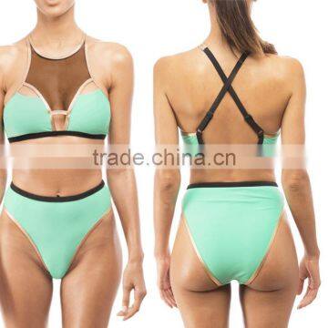 Polyester Bikini flexible backless two piece hollow transparent with Gauze patchwork Solid turquoise blue Sold By Set