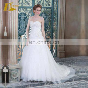 ED Sleeveless Strapless Pleating Lace Applique Hand-made Flower Lace Up Wedding Dress