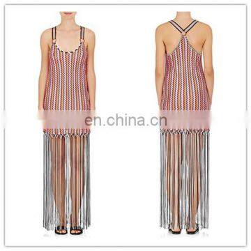 Women casual day Summer Fringe-Trimmed Chevron-Knit Printing Dress (QZ050905)