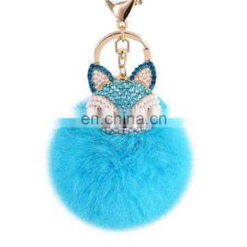 Artificial Fox Fur Pom Pom Ball fox head Rhinestone Key Chain Bag Charm for girls