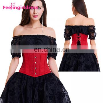 Vintage Solid Jacquard Hooks Victorian Women Underbust Sexy Red Mature Corset