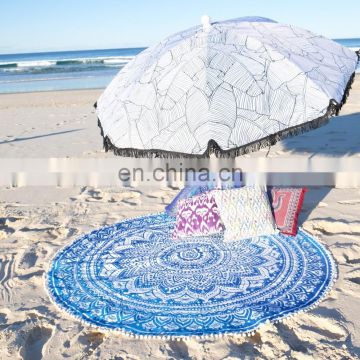 48" Indian Roundie Round Blue Ombre Pom Pom Mandala Hippie Tapestry Beach Throw Towel Yoga Mat Bohemian