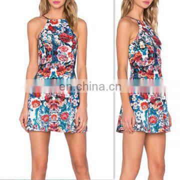 MIKA72140 2017 hot sell summer sexy sleeveless women dress high neck printed floral backless short dress