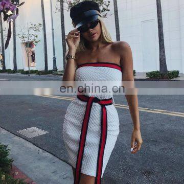 WISH Hot Sell Summer New Women's Off The Shoulder Contrast Waist Belt Backless Solid Party Wear Color Dress