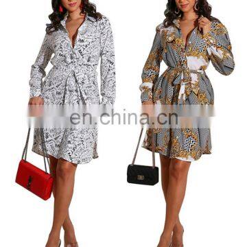 2021 hot sale Belted shirt long-sleeved single-breasted lapel printed shirt dress